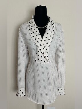 Chico's White Blouse with Black Polka Dot Shawl Collar